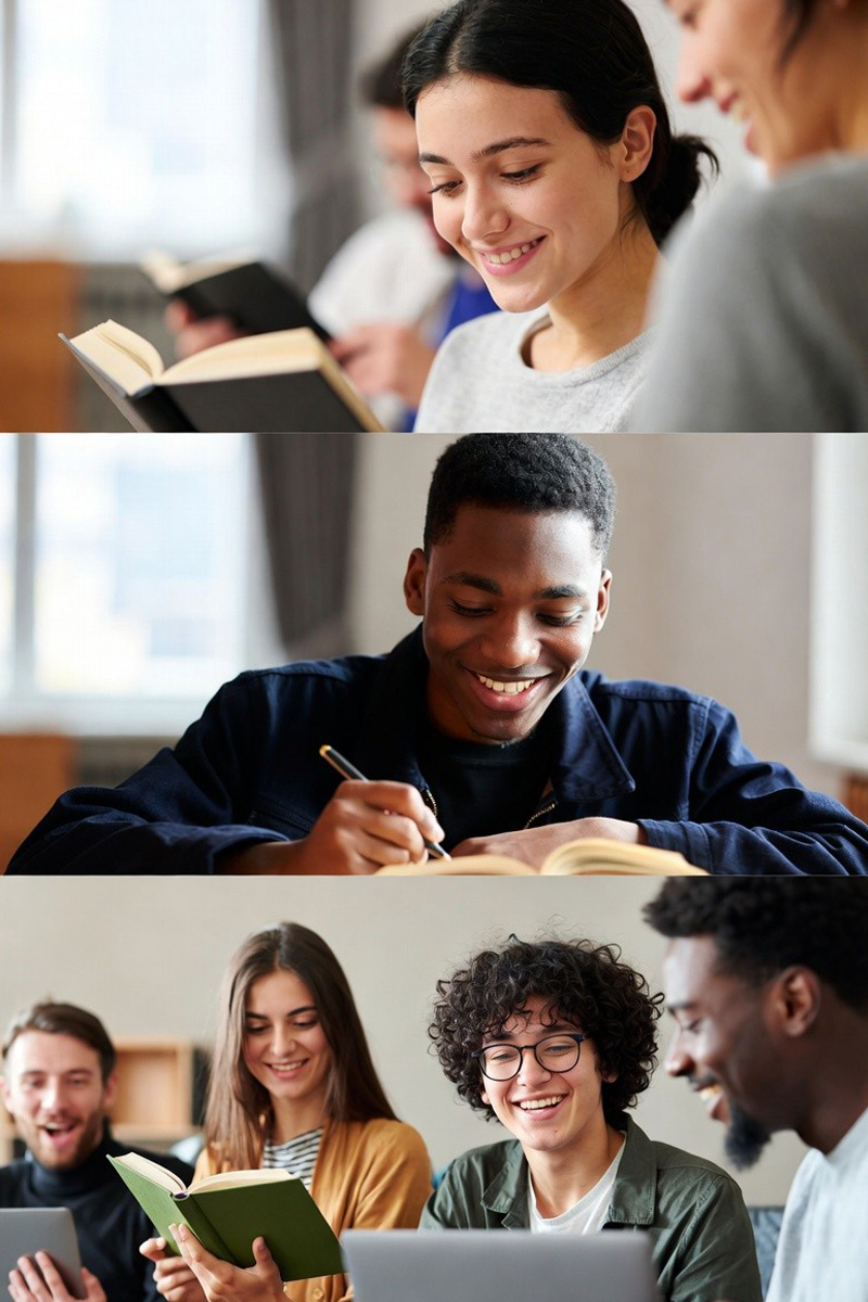 Happy student learning German